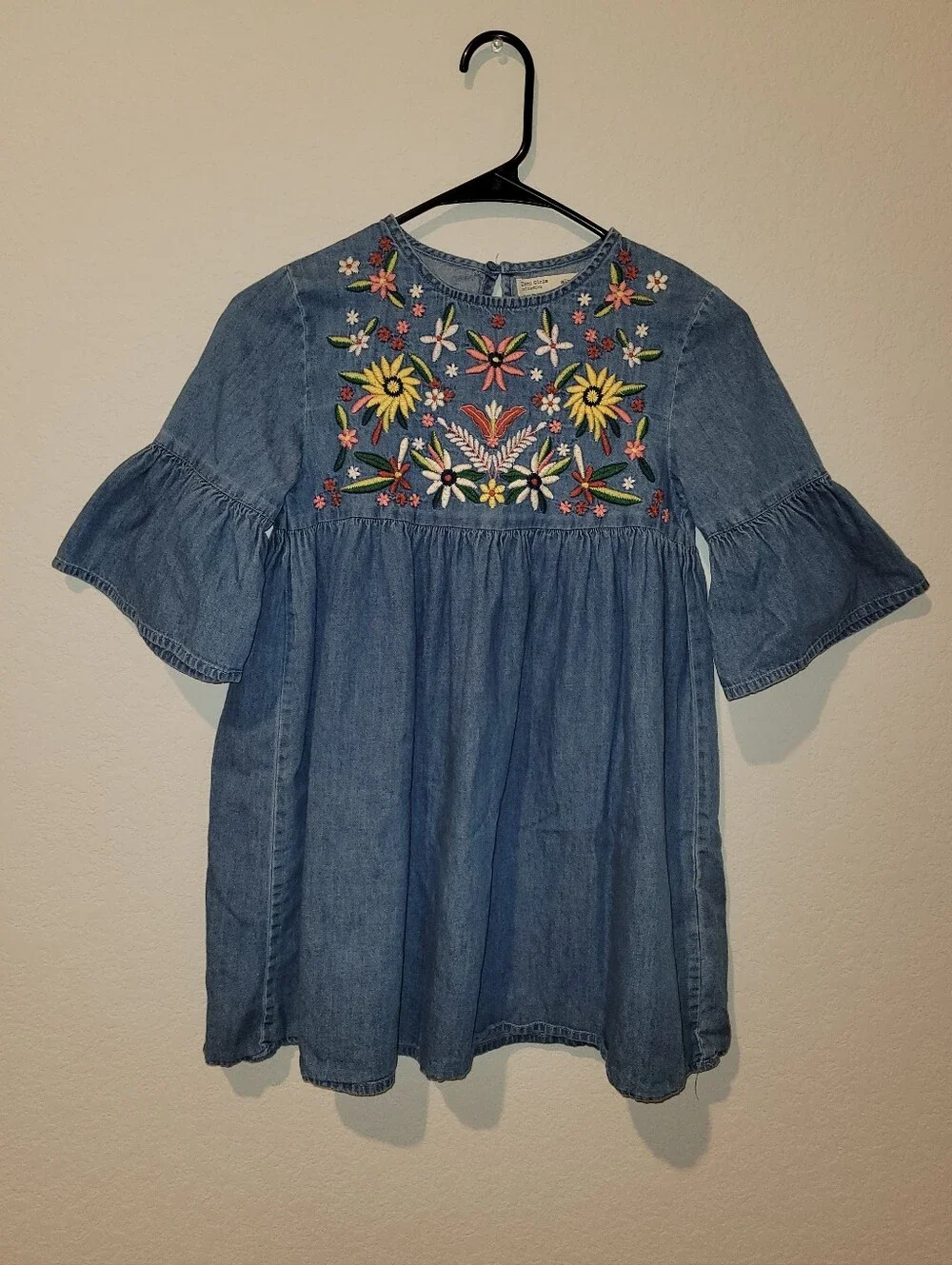Girls' Blue Denim Embroidered Floral Dress